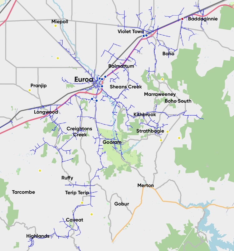 A map showing Euroa and and surrouning suburbs